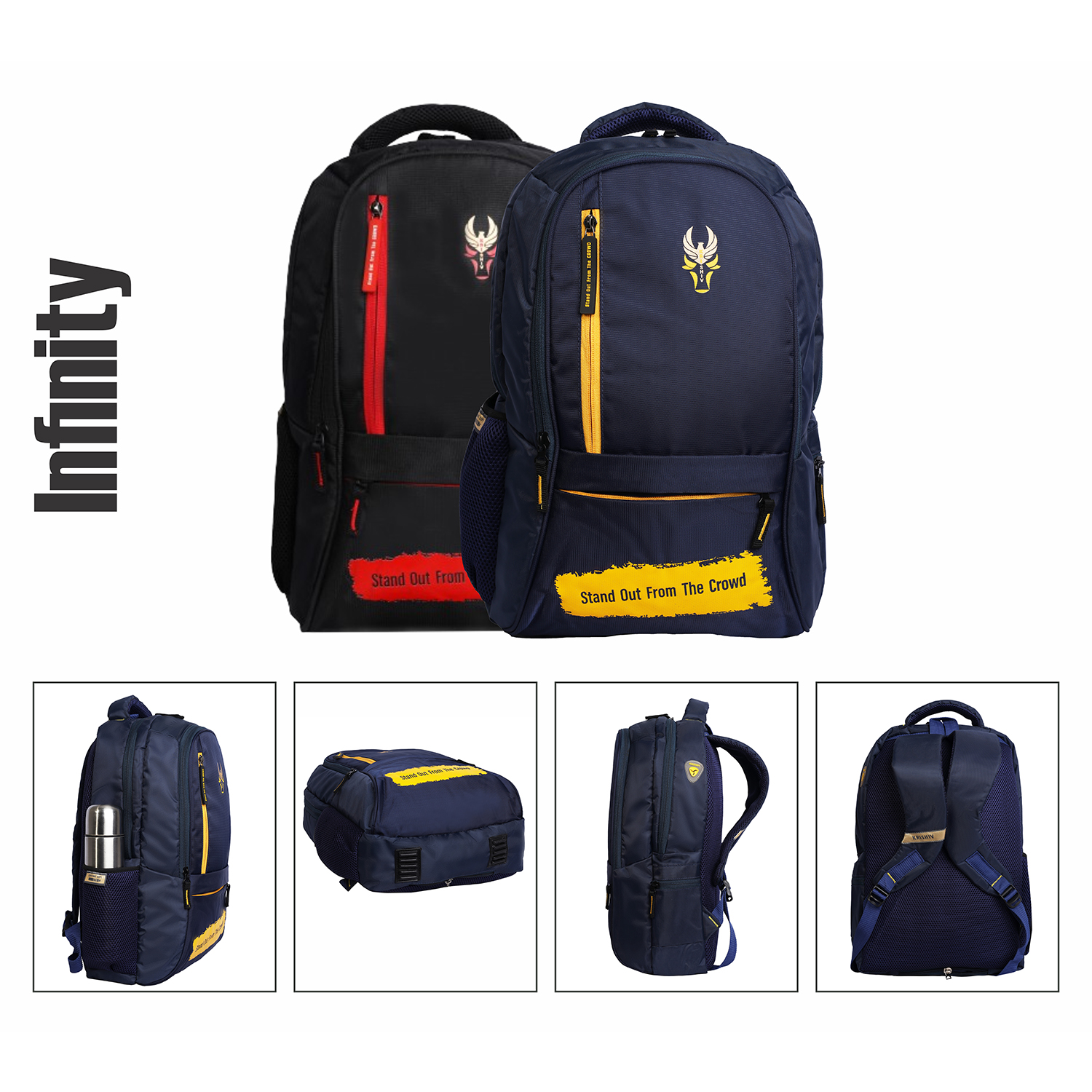 Krishiv Infinity Black Red Zipper Backpack with Rain Cover