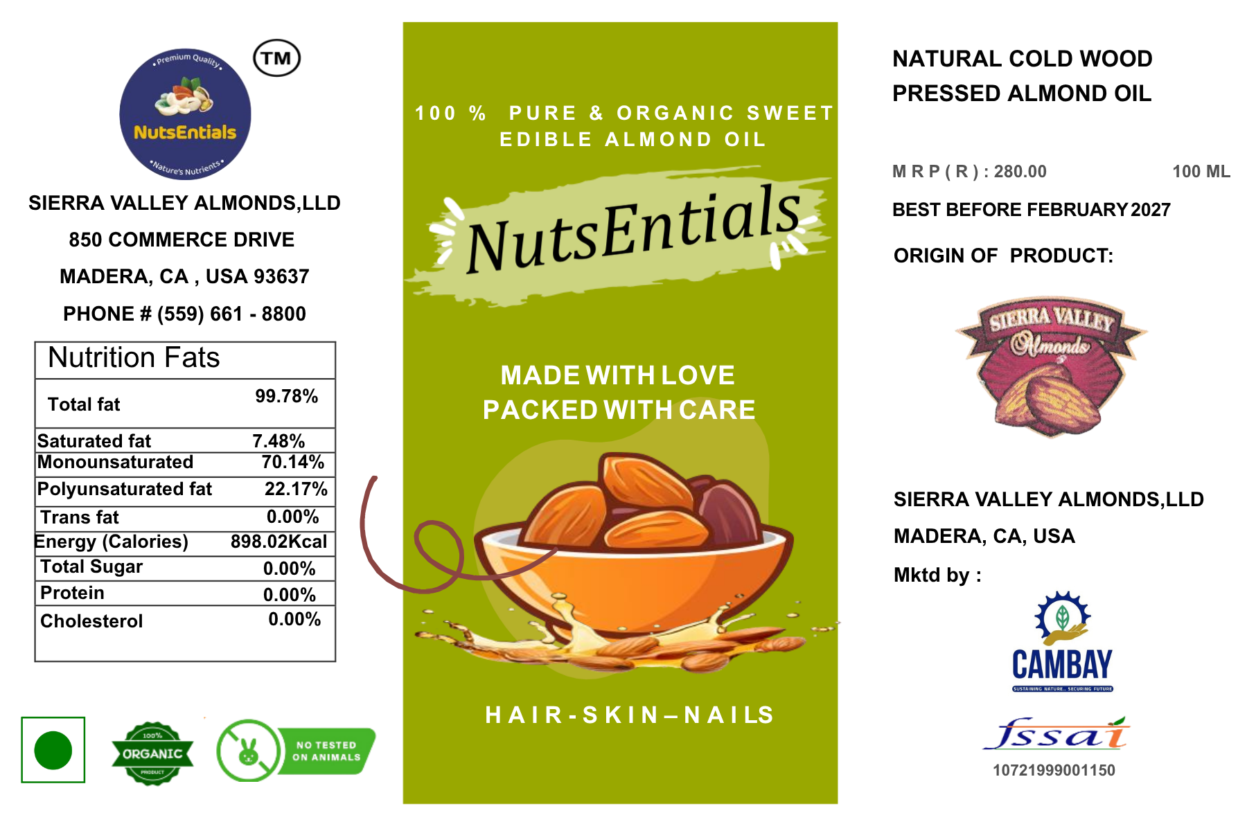 100% pure and natural almond oil