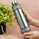 NAVRANG Stainless Steel Meenakari Water Bottle 1 Litre | Oxidized Floral Design Drinking Bottle for Home, Office Travel