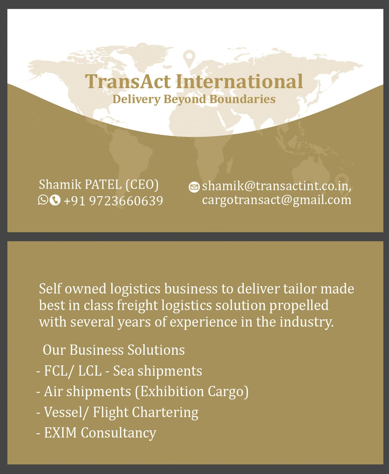 FCL /LCL sea shipments, air shipment (exhibition cargo) exim consultancy